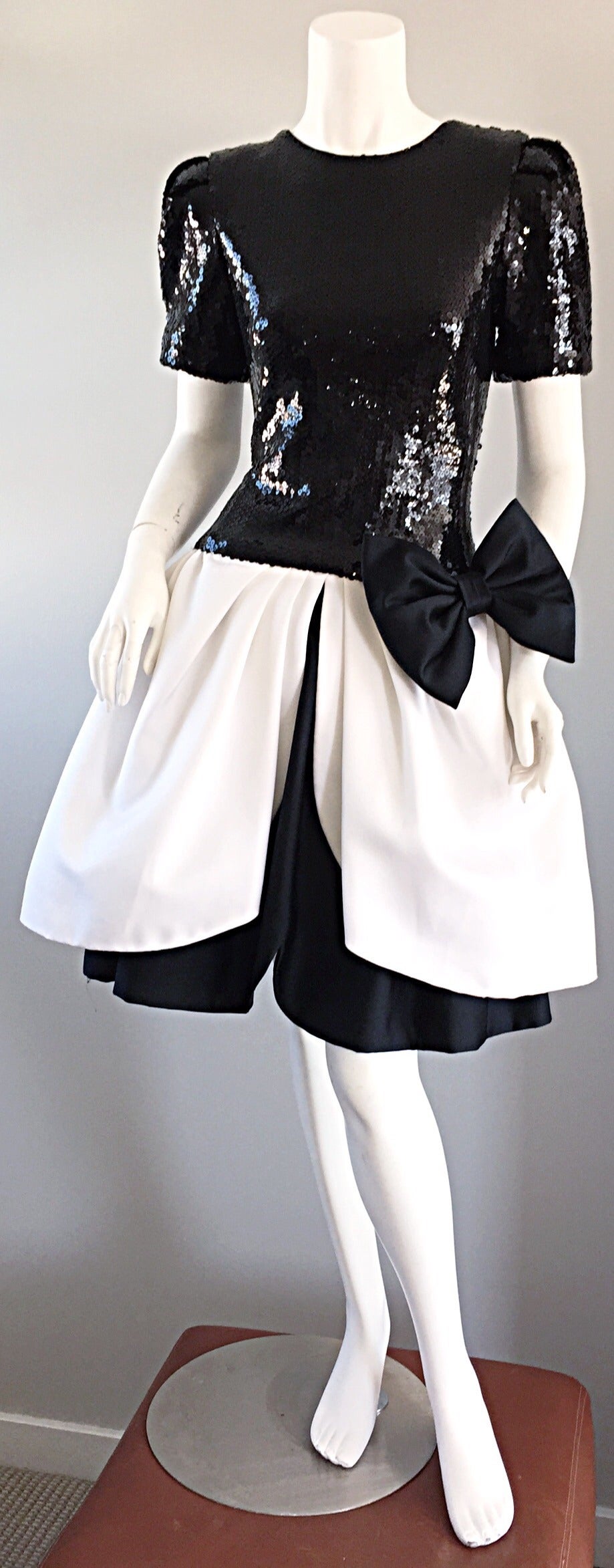 Vintage Black and White Sequins + Silk Cocktail Pouf Dress w/ Bow 3