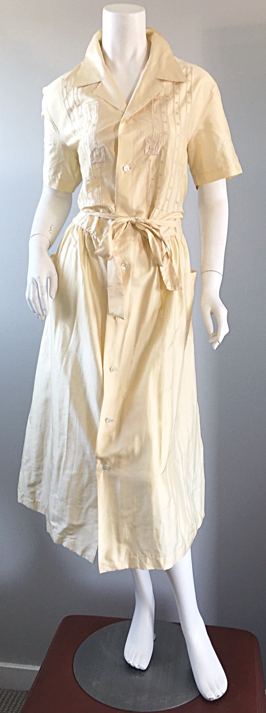 Beige Important Early 1980s Vintage Comme des Garcons Ivory Mexican Shirt Midi Dress