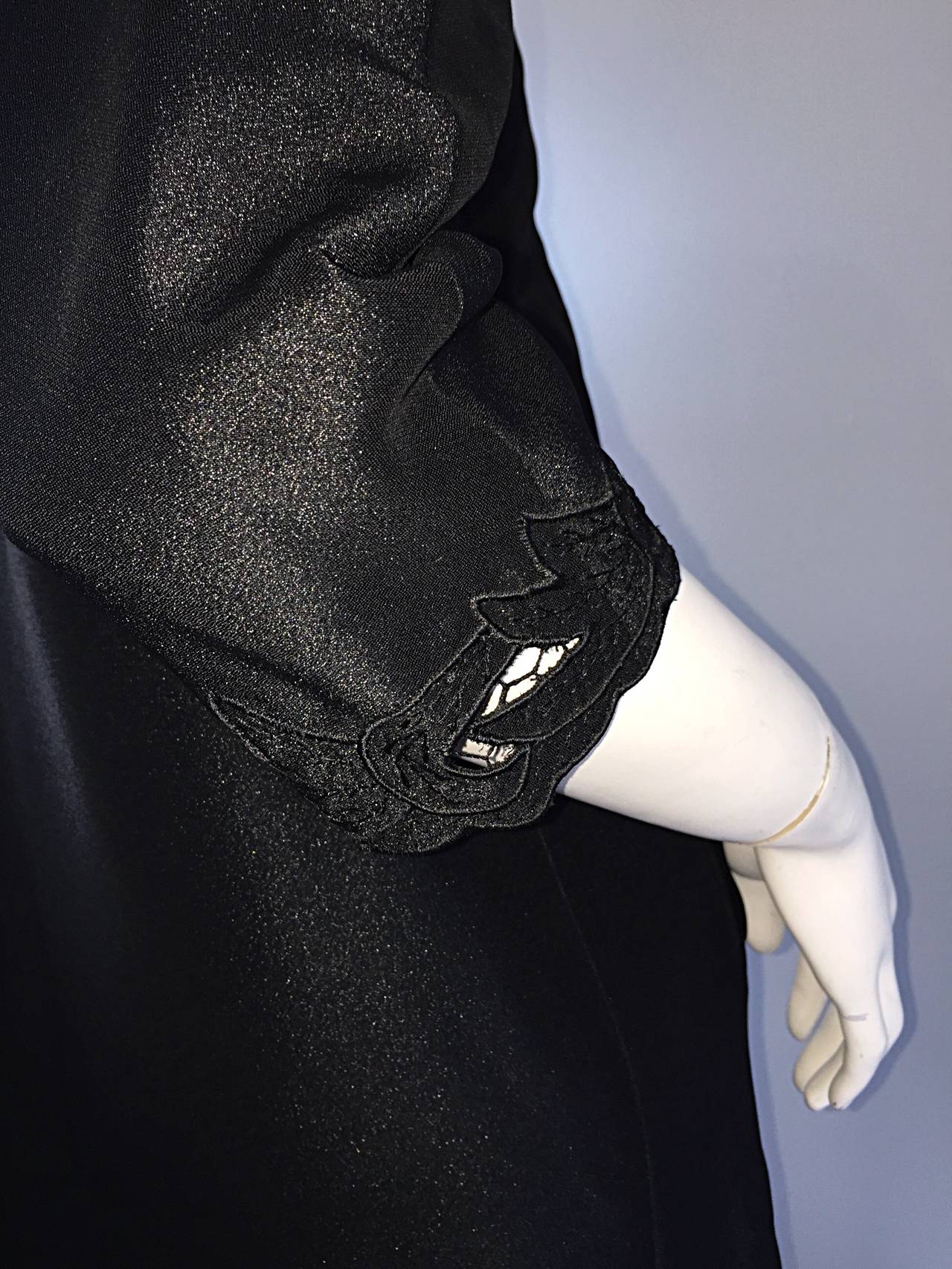 Chic 1940s Black Duster / Opera Jacket w/ Crochet Details + Scalloped Edges For Sale 1