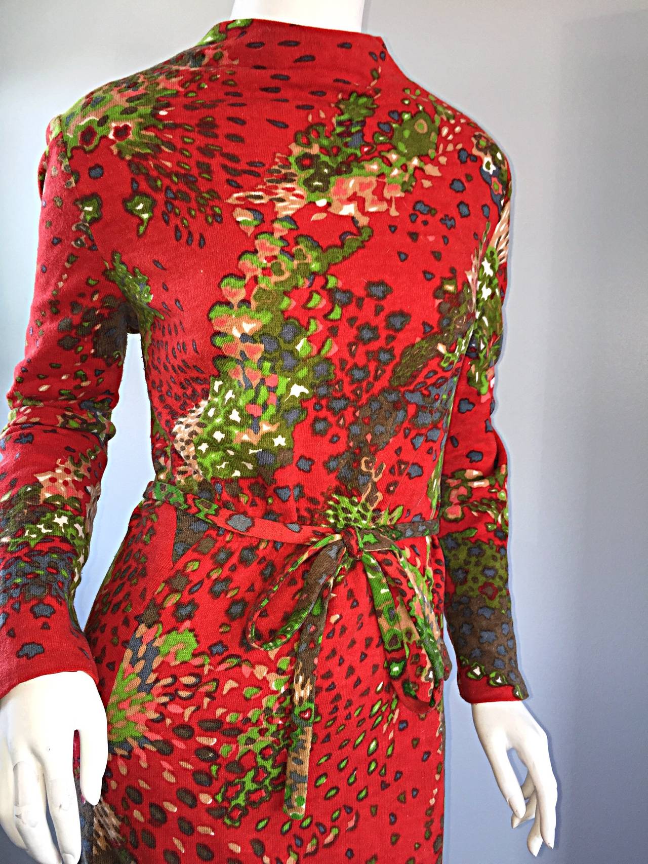 Red Pauline Trigere 1960s Op - Art ' Splatter ' Printed Vintage Wool Dress w/ Belt