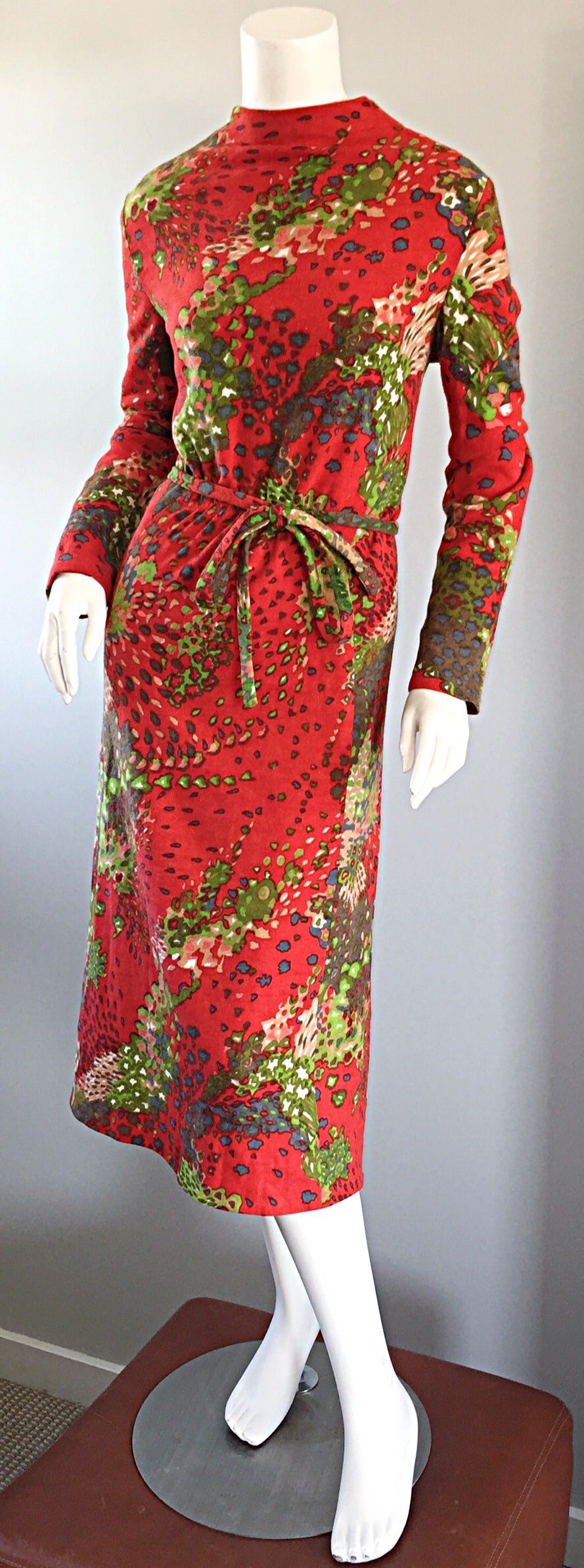 Women's Pauline Trigere 1960s Op - Art ' Splatter ' Printed Vintage Wool Dress w/ Belt