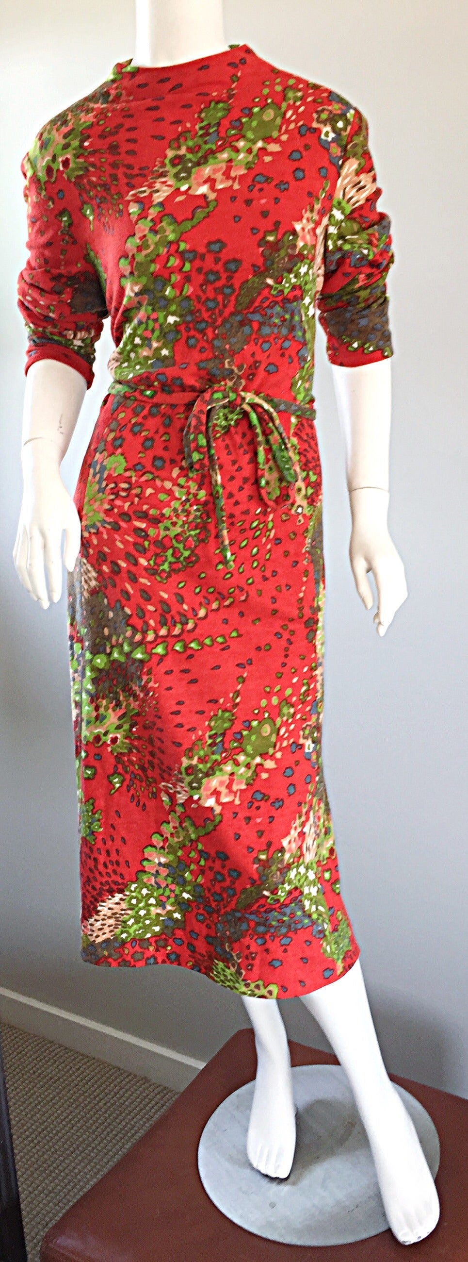 Pauline Trigere 1960s Op - Art ' Splatter ' Printed Vintage Wool Dress w/ Belt 1