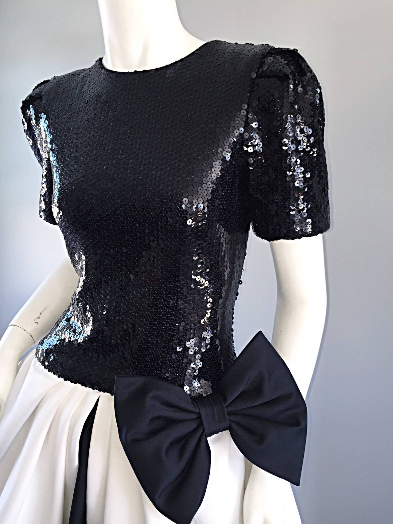 Vintage Black and White Sequins + Silk Cocktail Pouf Dress w/ Bow In Excellent Condition In San Diego, CA