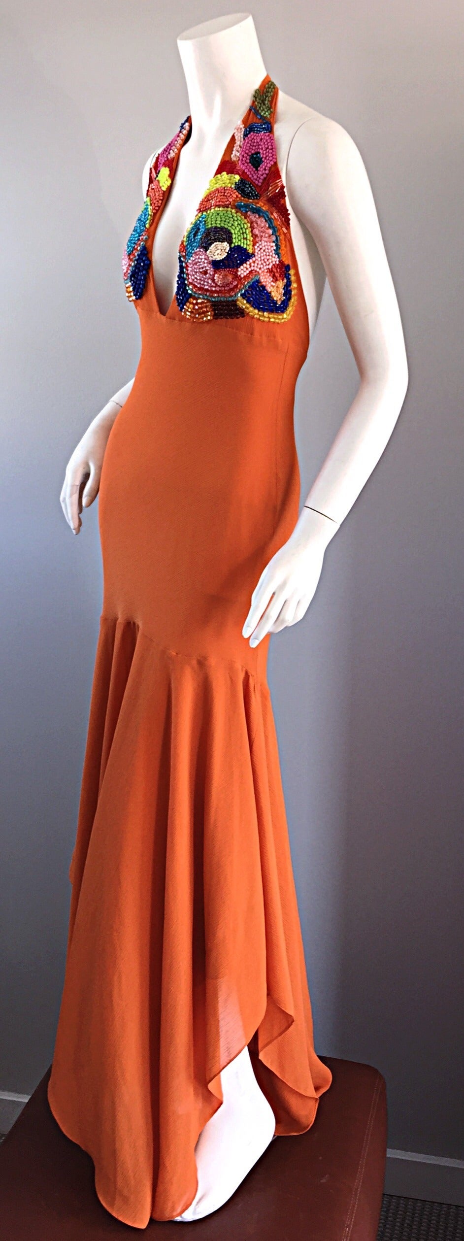 Sexy 1990s Silk Crepe Orange Mermaid Gown 90s Vintage Maxi Dress Vibrant Beading In Excellent Condition In San Diego, CA