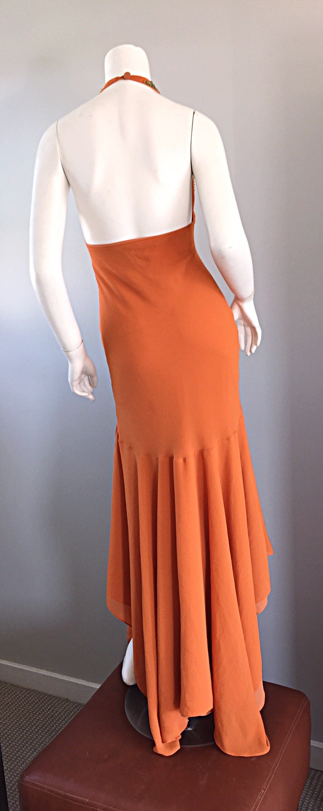 Women's Sexy 1990s Silk Crepe Orange Mermaid Gown 90s Vintage Maxi Dress Vibrant Beading For Sale