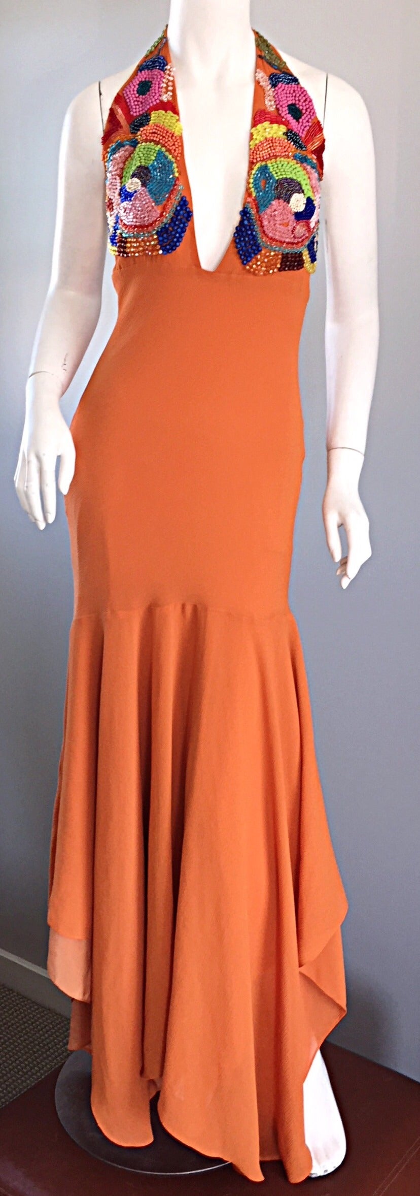 Sexy 1990s Silk Crepe Orange Mermaid Gown 90s Vintage Maxi Dress Vibrant Beading For Sale 1