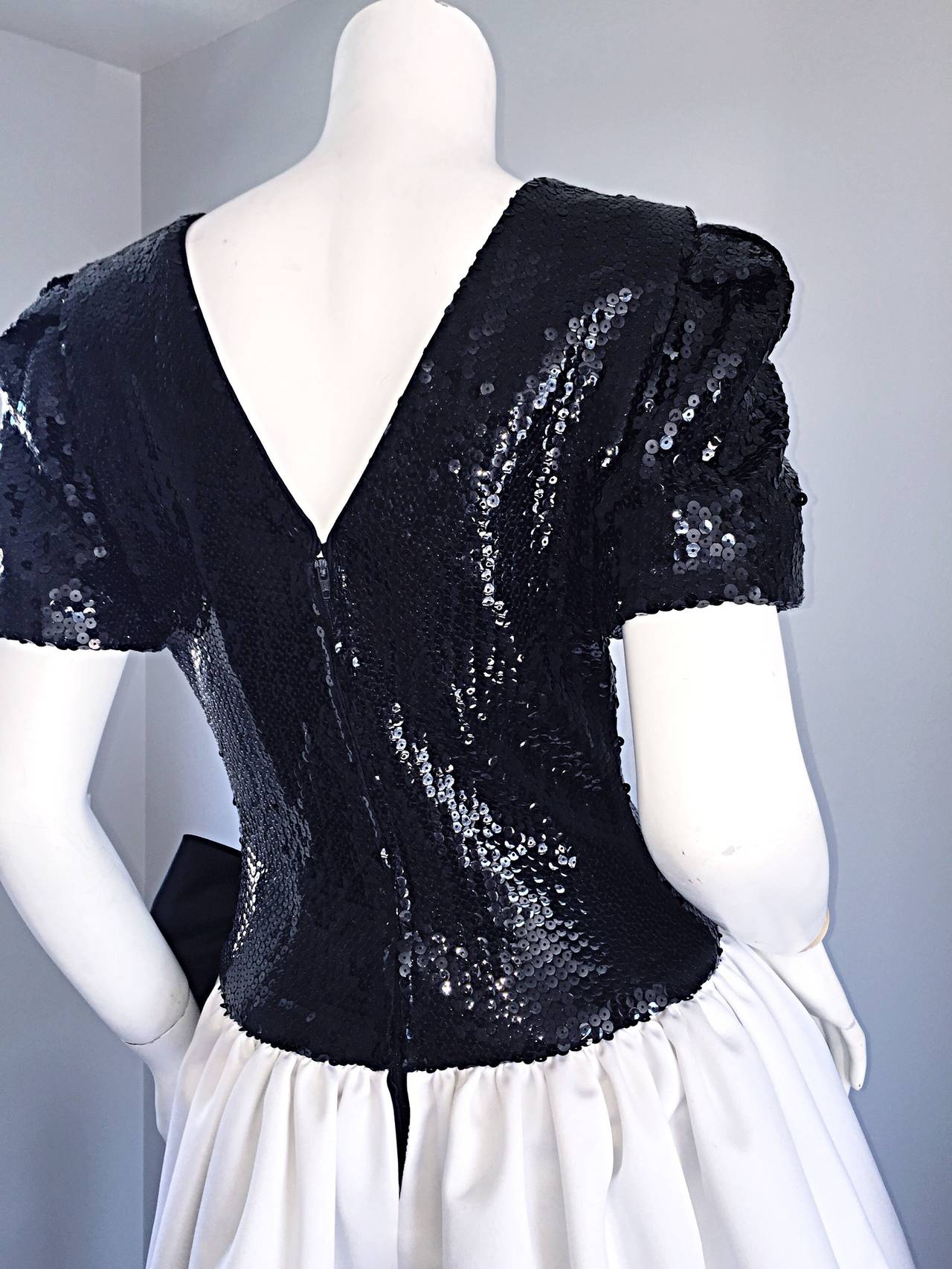 Vintage Black and White Sequins + Silk Cocktail Pouf Dress w/ Bow 1