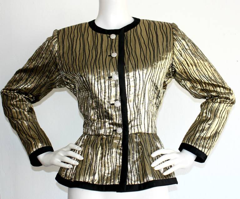 Black Vintage Yves Saint Laurent Metallic Gold Peplum Jacket w/ Rhinestones