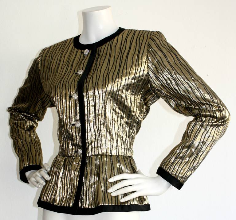 Women's Vintage Yves Saint Laurent Metallic Gold Peplum Jacket w/ Rhinestones