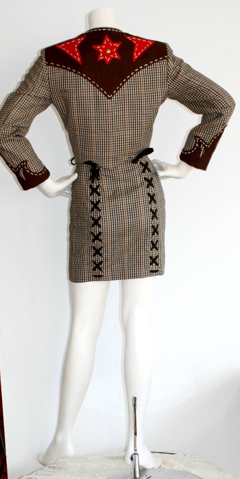 Rare Vintage Moschino Cheap & Chic Western Cowgirl Houndstooth Lace Suit In Excellent Condition In San Diego, CA