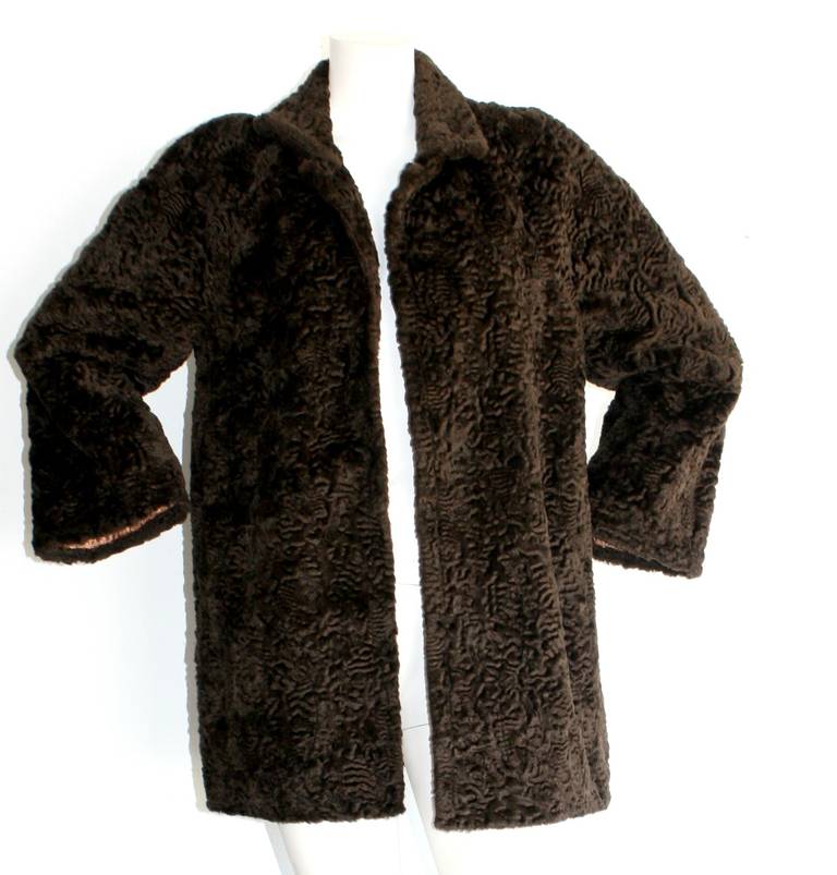 Black 1960s Vintage Yves Saint Laurent Brown Sheared Lamb Fur Swing Coat Jacket