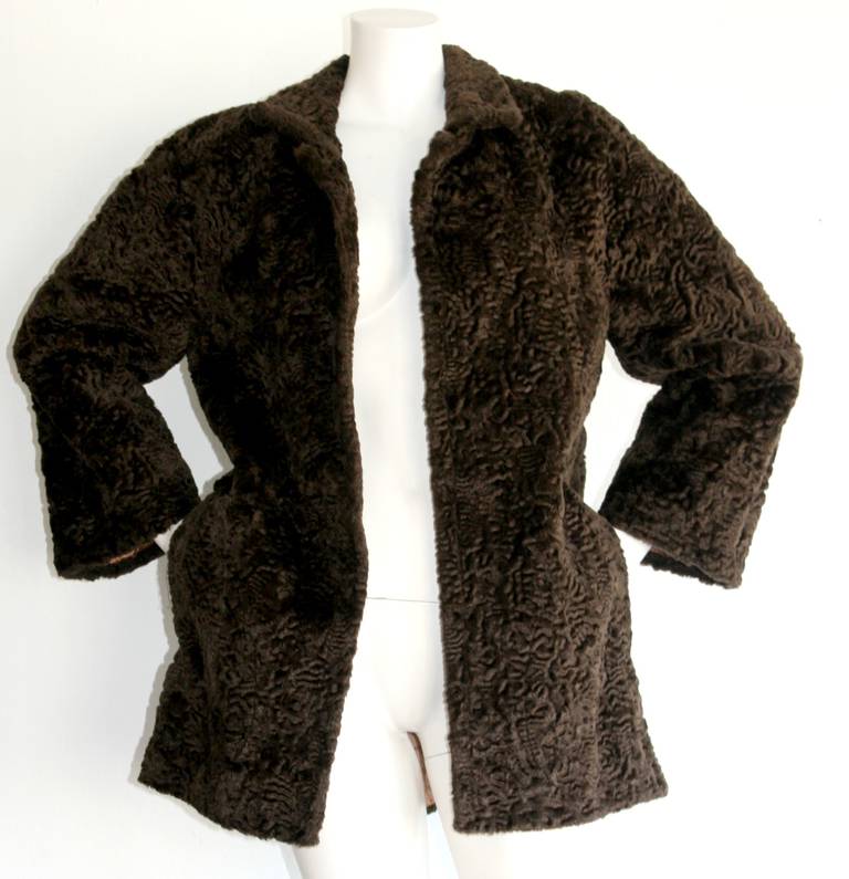 1960s Vintage Yves Saint Laurent Brown Sheared Lamb Fur Swing Coat Jacket In Excellent Condition In San Diego, CA