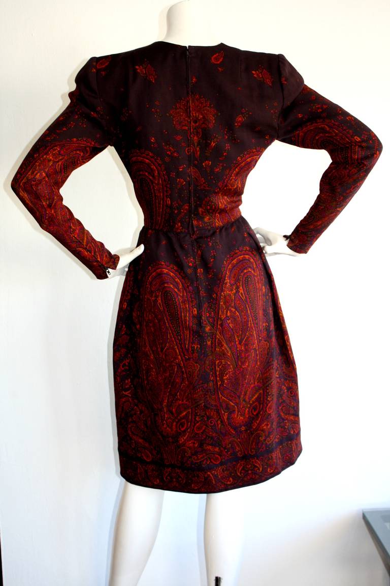 Black Pauline Trigere Vintage Numbered Purple Paisley Dress For Sale
