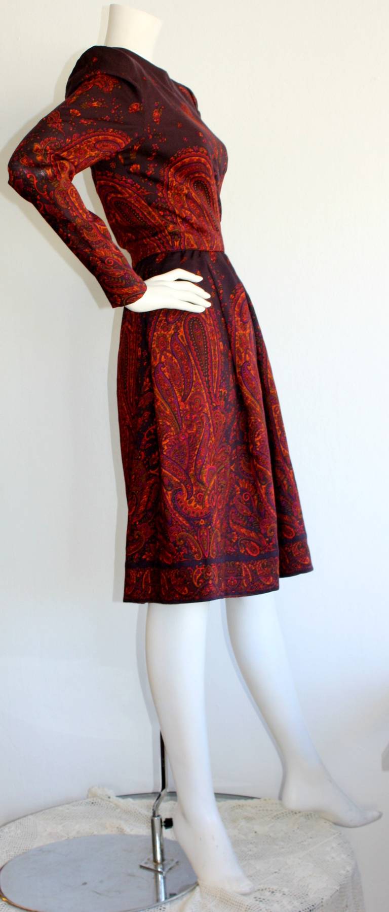Pauline Trigere Vintage Numbered Purple Paisley Dress In Excellent Condition For Sale In San Diego, CA