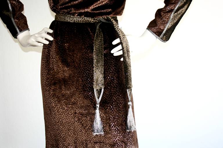 Black Vintage Geoffrey Beene Silk Velvet Leopard Dress W/ Tassel Belt For Sale