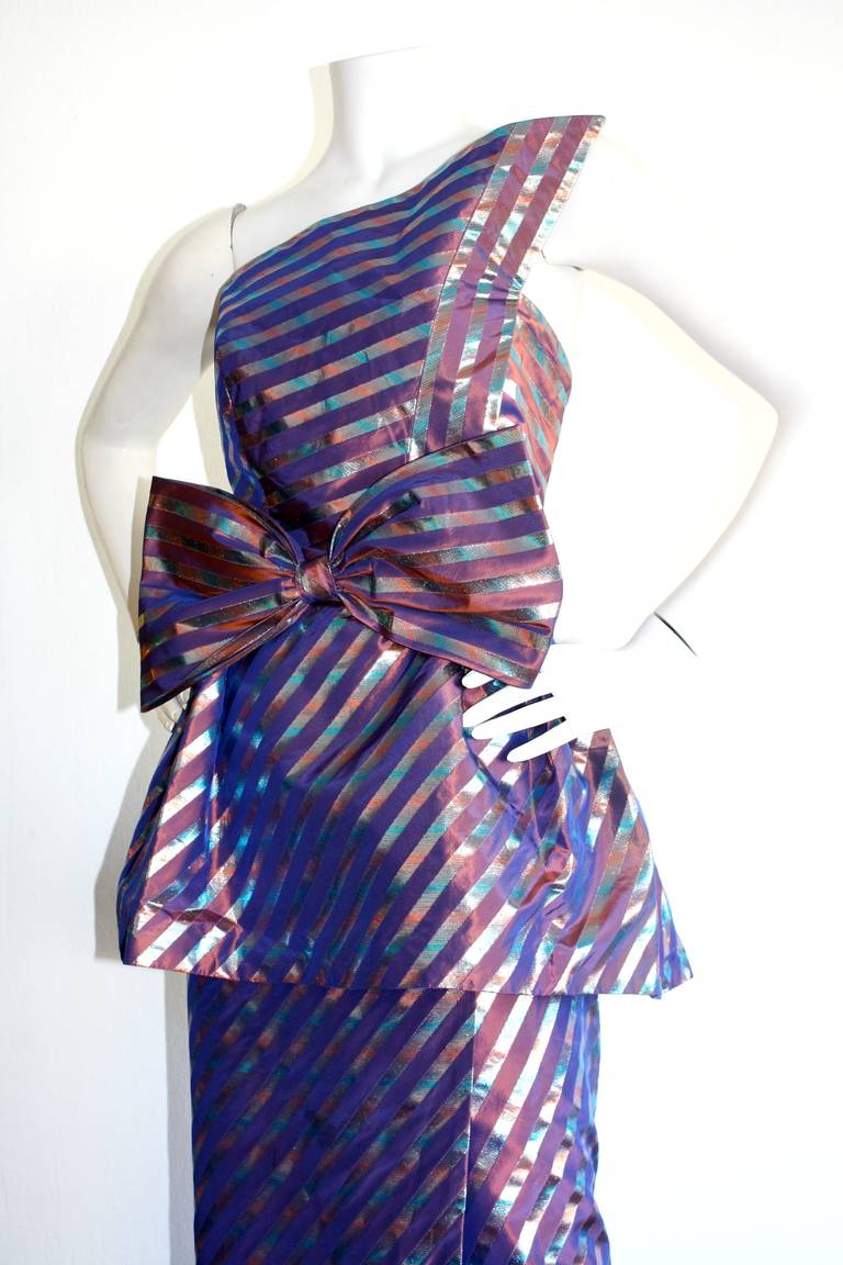 The most AMAZING vintage Ruben Panis for ELIZABETH ARDEN metallic Avant Garde one-shoulder gown. Features original bow belt--looks great with or without belt-two completely different looks! In great condition. Approximately Size