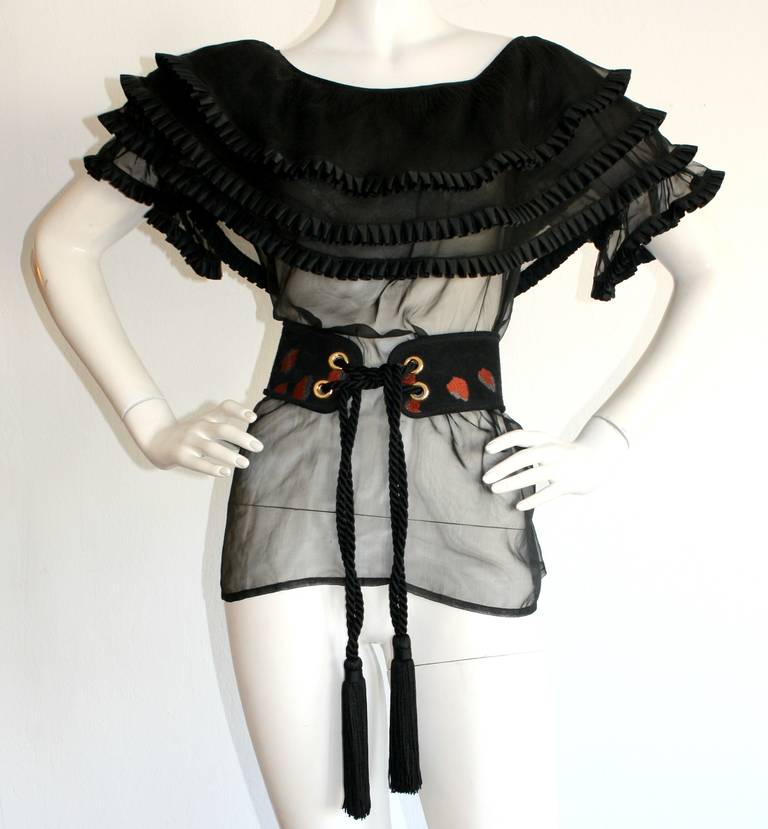 Amazing Vintage Yves Saint Laurent Black Chiffon Blouse From Russian Collection In Excellent Condition In San Diego, CA