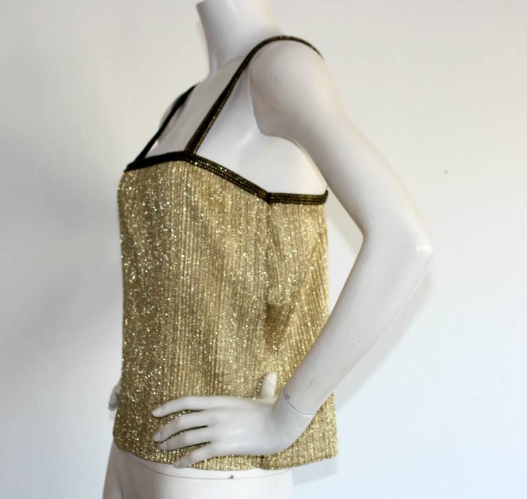 Brown Early Vintage Yves Saint Laurent Gold Metallic 1970s Empire Babydoll Disco Top
