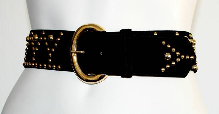 Chic vintage YSL belt in black suede leather with gold studs shaped in signature Y's. In great condition. Brand New, never worn. Pictured vintage YSL Russian blouse is up in my 1stDibs store! 

Marked Size Large