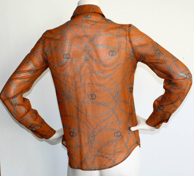 Brown 1970s Vintage Gucci Logo and Chain Print Blouse