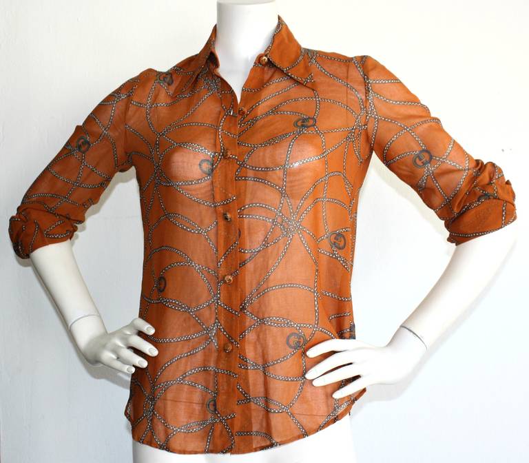 Women's 1970s Vintage Gucci Logo and Chain Print Blouse