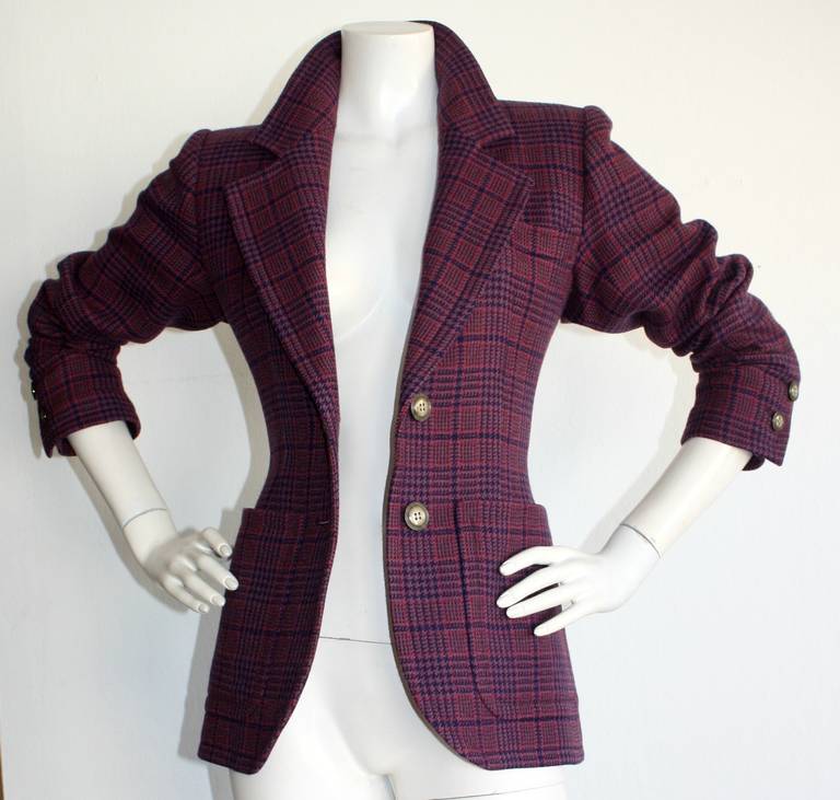 Black Vintage Yves Saint Laurent Rive Gauche Purple Tartan Plaid Blazer