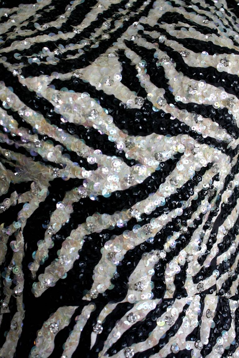 Black Beautiful 1950s Pat Sandler Highlights Zebra Sequin Beaded Chiffon Dress
