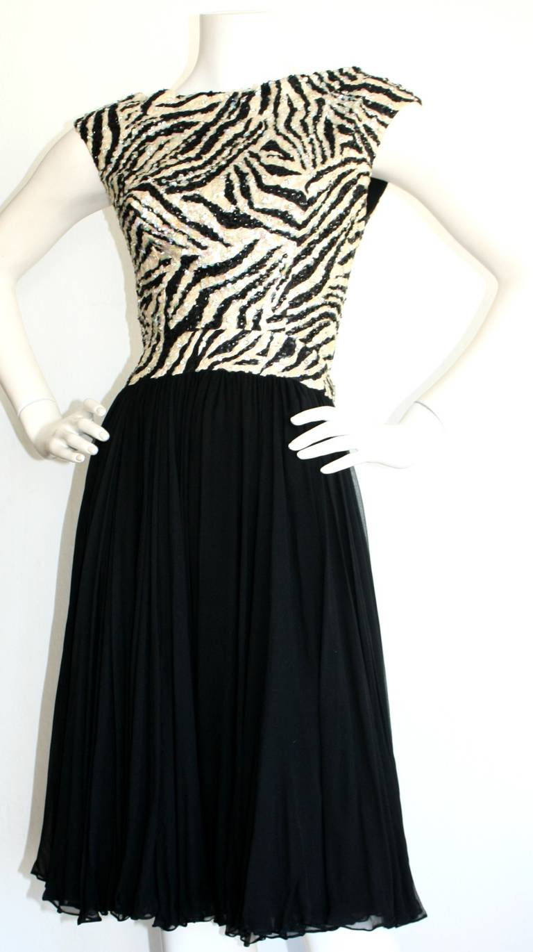 Beautiful 1950s Pat Sandler Highlights Zebra Sequin Beaded Chiffon Dress In Excellent Condition In San Diego, CA