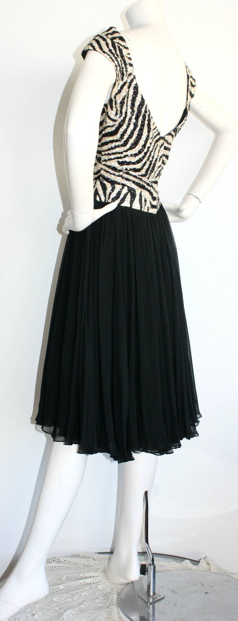 Beautiful 1950s Pat Sandler Highlights Zebra Sequin Beaded Chiffon Dress 2