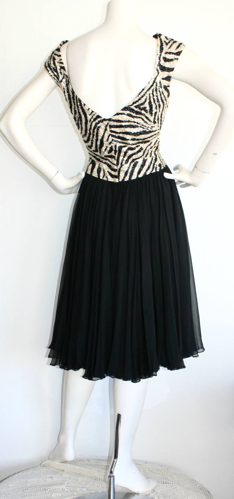 Women's Beautiful 1950s Pat Sandler Highlights Zebra Sequin Beaded Chiffon Dress
