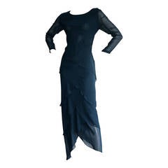 Vintage Alberta Ferretti Navy Blue Silk Tiered Column Gown