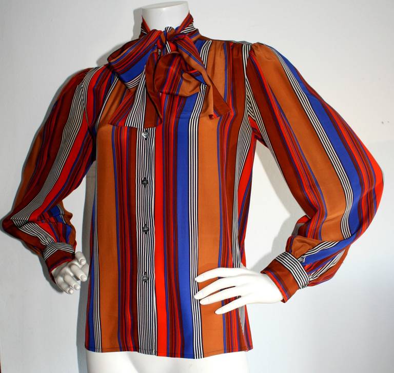 Vintage Yves Saint Laurent Rive Gauche Striped Secretary Bow Blouse In Excellent Condition In San Diego, CA