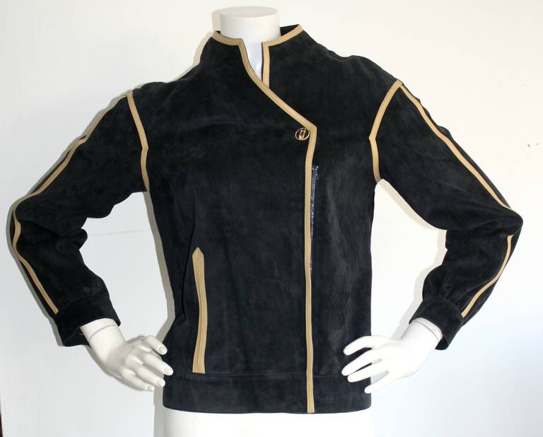 Vintage Gucci Leather Jacket Navy Blue Suede Motorcycle Moto Coat