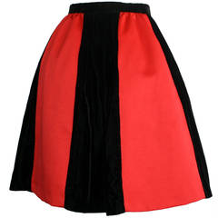 Vintage Oleg Cassini Black & Red Color Block Satin And Velvet Full Skirt