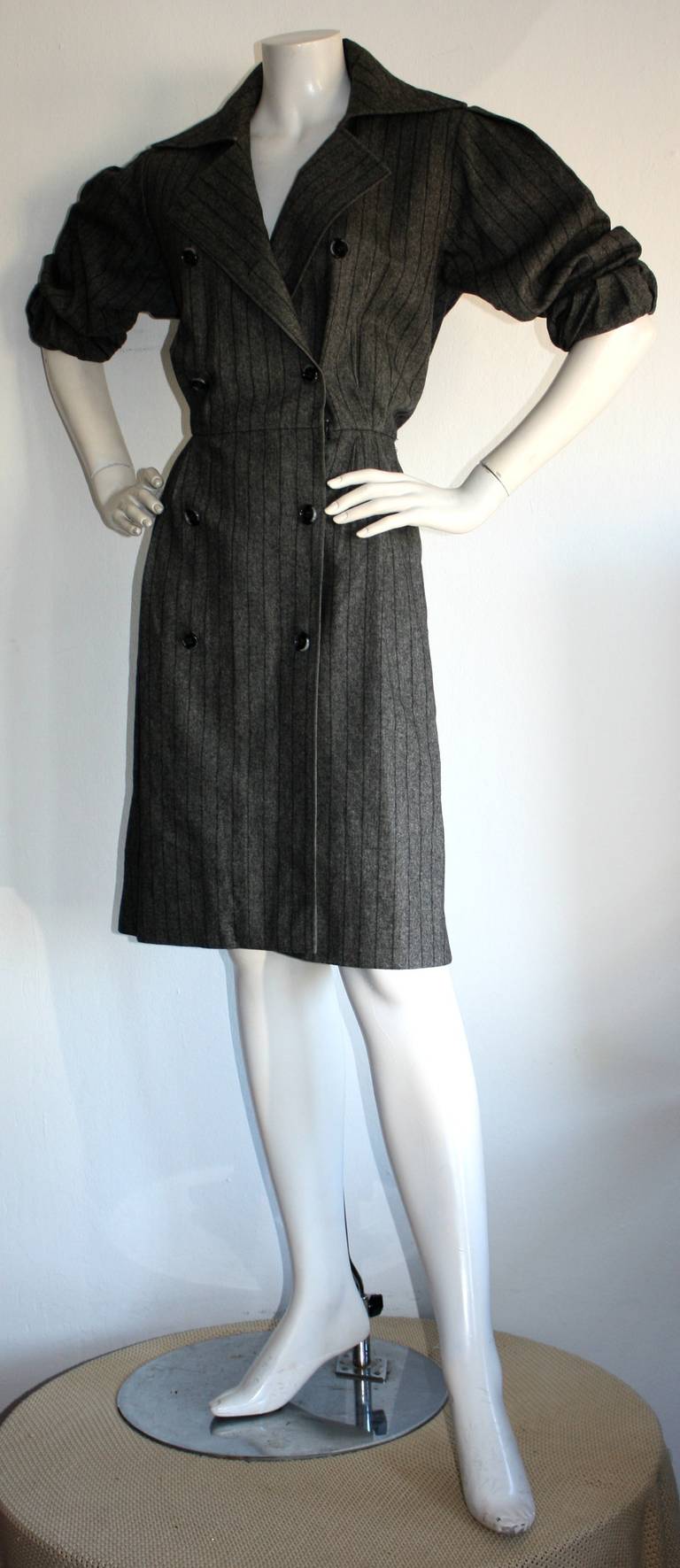 Chic Vintage Yves Saint Laurent Rive Gauche Grey Pinstripe Wool Shirt Dress In Excellent Condition In San Diego, CA