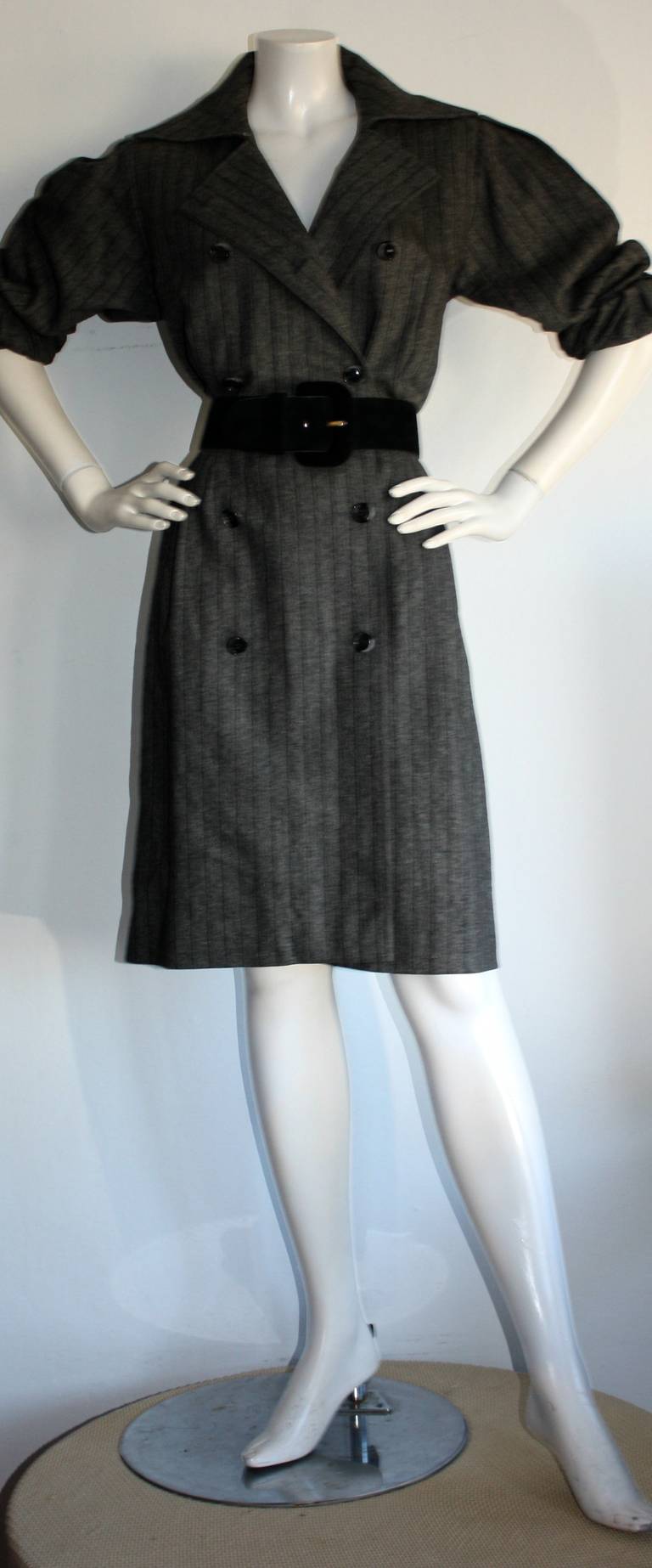Black Chic Vintage Yves Saint Laurent Rive Gauche Grey Pinstripe Wool Shirt Dress