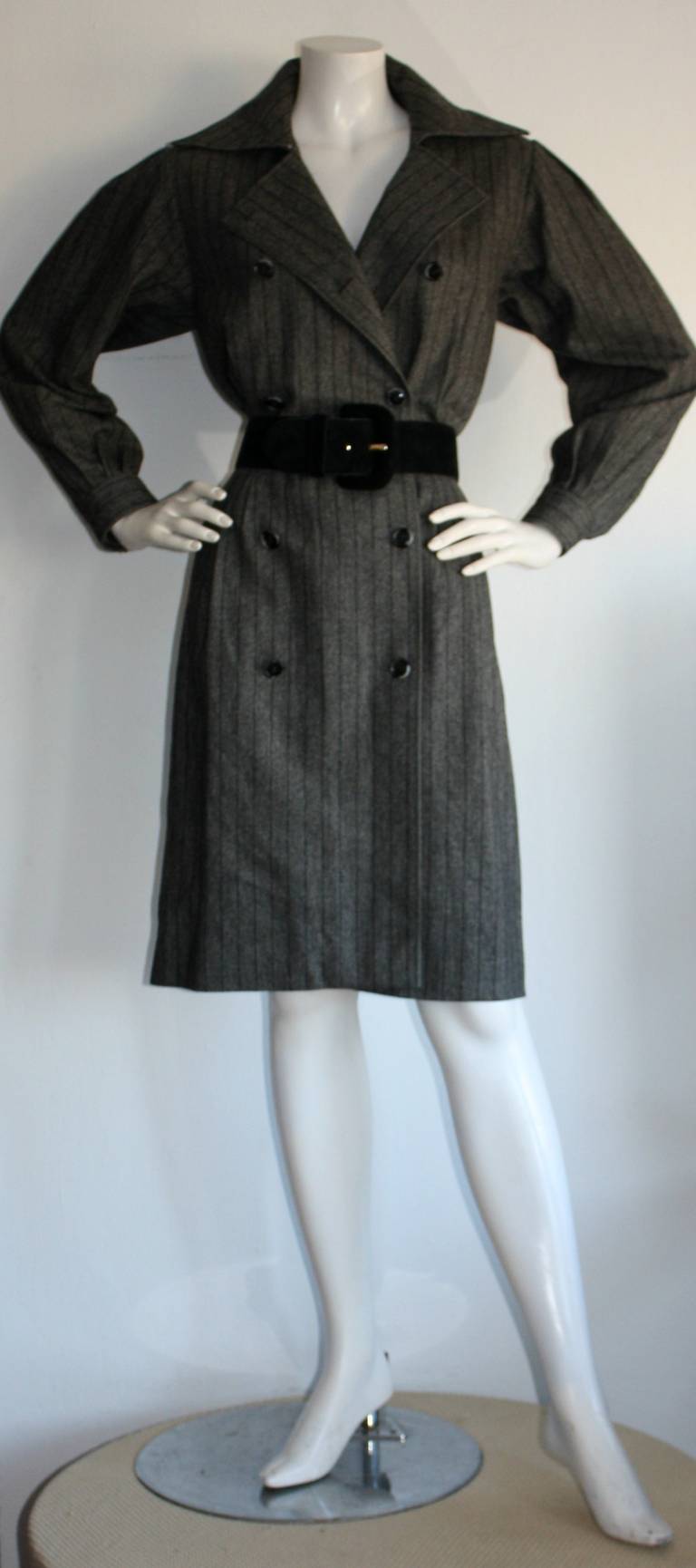 Women's Chic Vintage Yves Saint Laurent Rive Gauche Grey Pinstripe Wool Shirt Dress