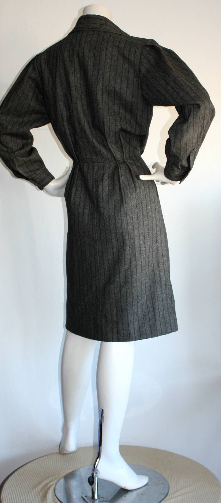 Chic Vintage Yves Saint Laurent Rive Gauche Grey Pinstripe Wool Shirt Dress 1
