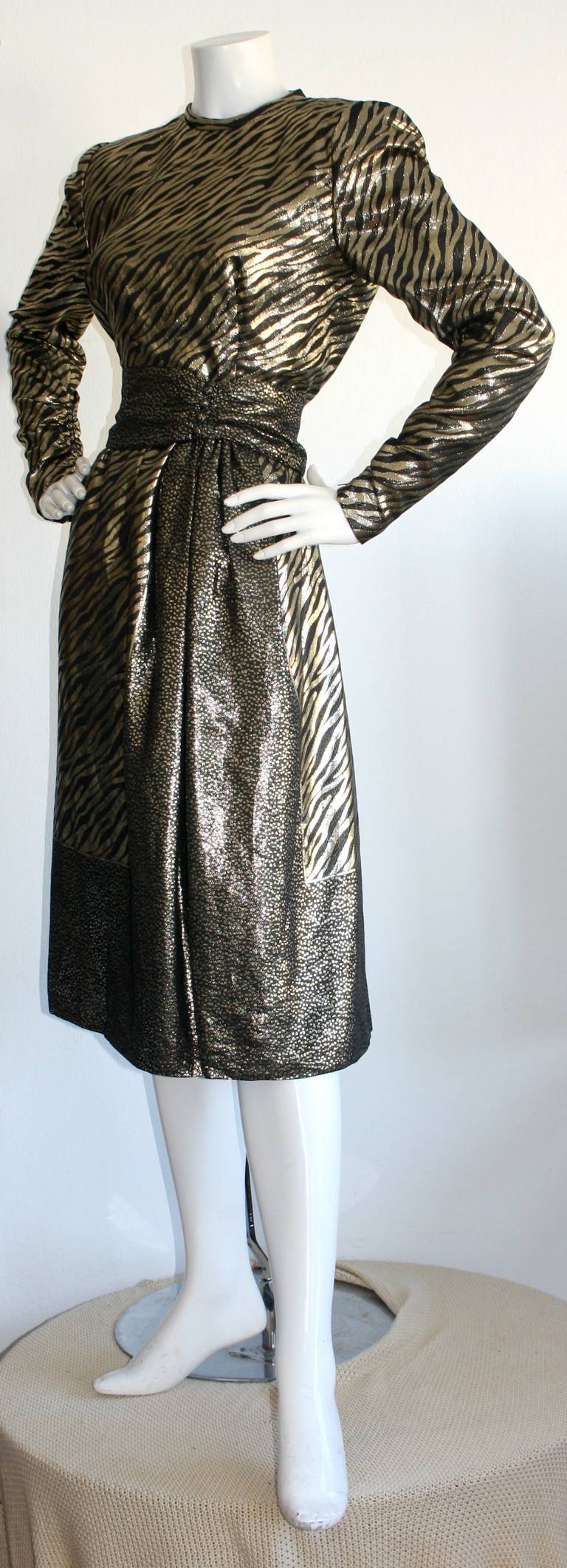 Black Vintage Pauline Trigere Gold Lame Leopard Zebra Print Dress For Sale