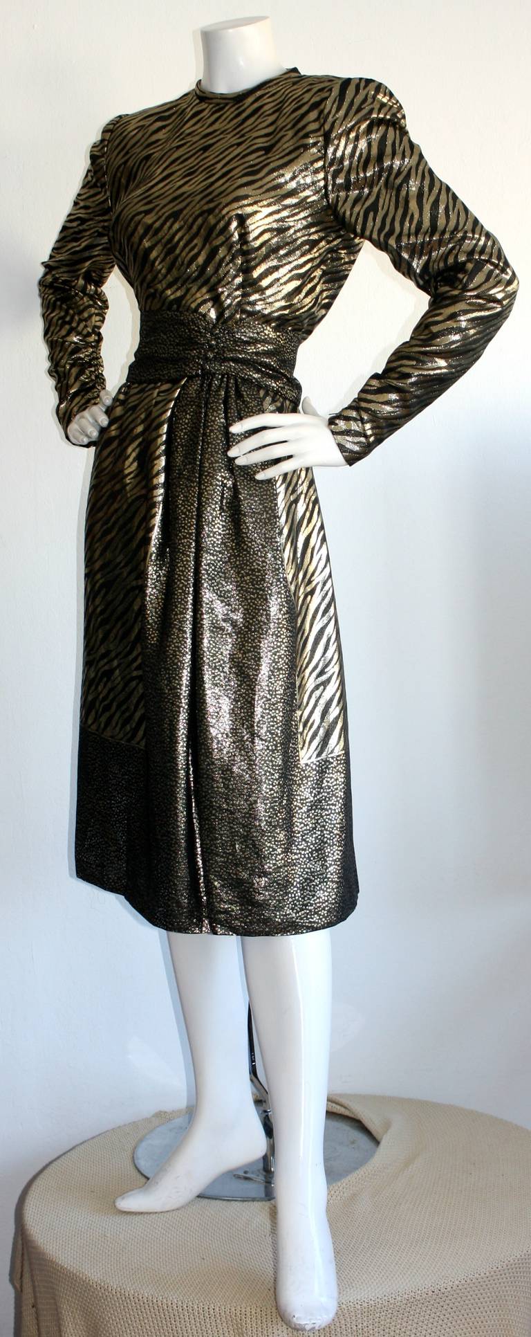 Women's Vintage Pauline Trigere Gold Lame Leopard Zebra Print Dress For Sale