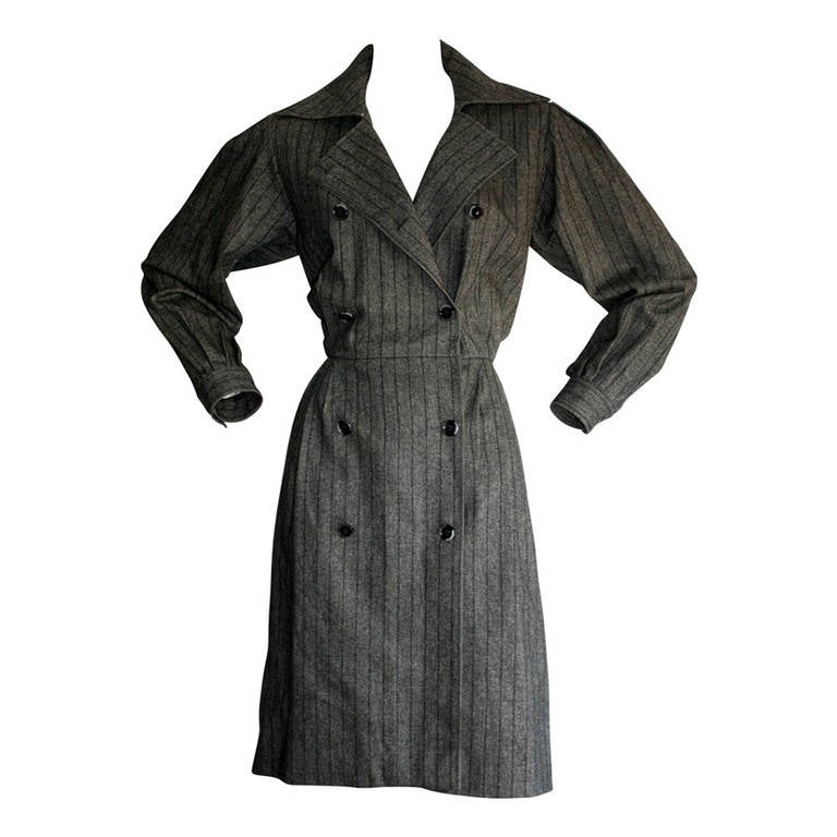 Chic Vintage Yves Saint Laurent Rive Gauche Grey Pinstripe Wool Shirt Dress