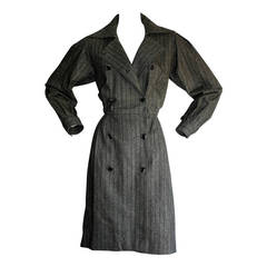 Chic Vintage Yves Saint Laurent Rive Gauche Grey Pinstripe Wool Shirt Dress 12