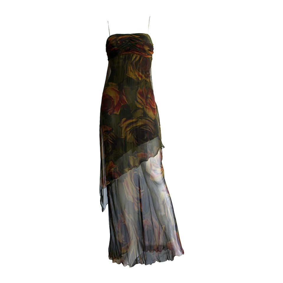 Luca Luca $2k Beautiful Rose Print Silk Chiffon Asymmetrical Gown For ...