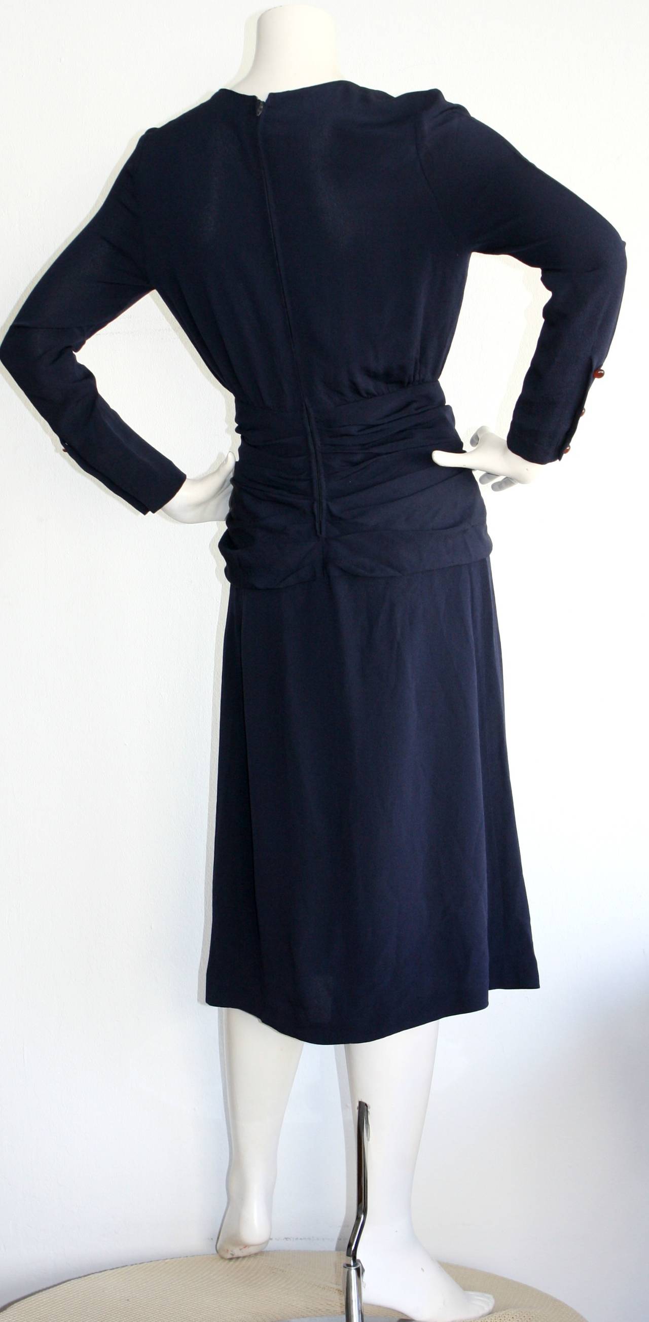 Vintage Chloe by Karl Lagerfeld 1930s Style Navy Blue Dress In Excellent Condition In San Diego, CA