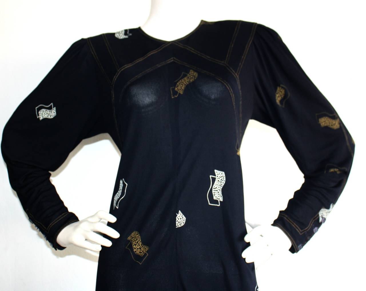Black Vintage Jean Muir Navy Art-Deco 1930s Style Fan Dress w/ Lucite Buttons