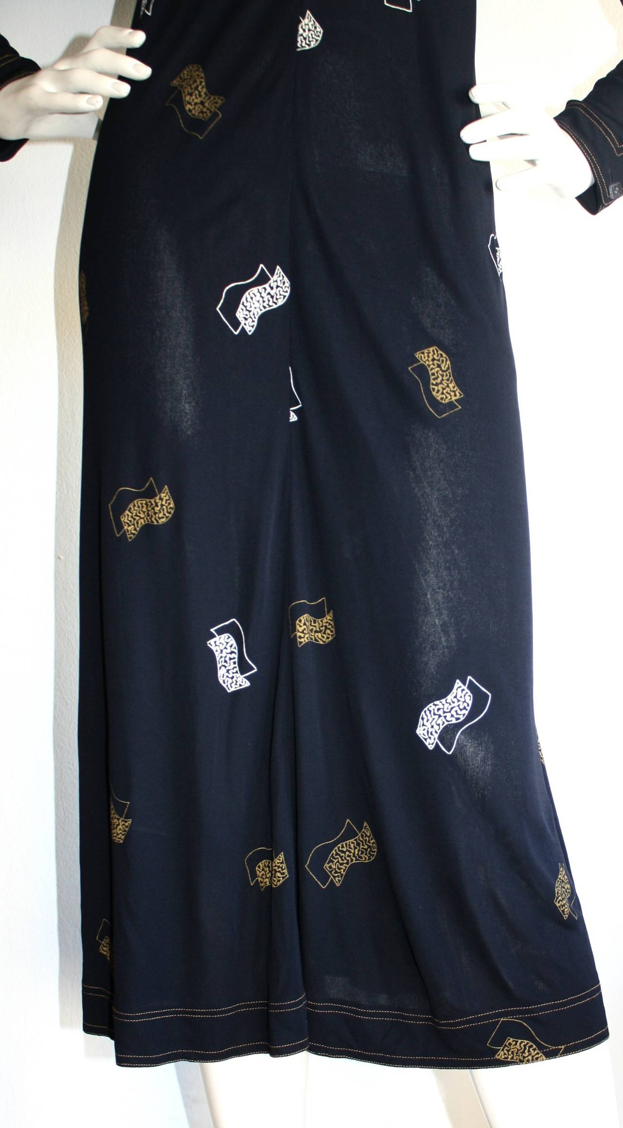 Vintage Jean Muir Navy Art-Deco 1930s Style Fan Dress w/ Lucite Buttons In Excellent Condition In San Diego, CA