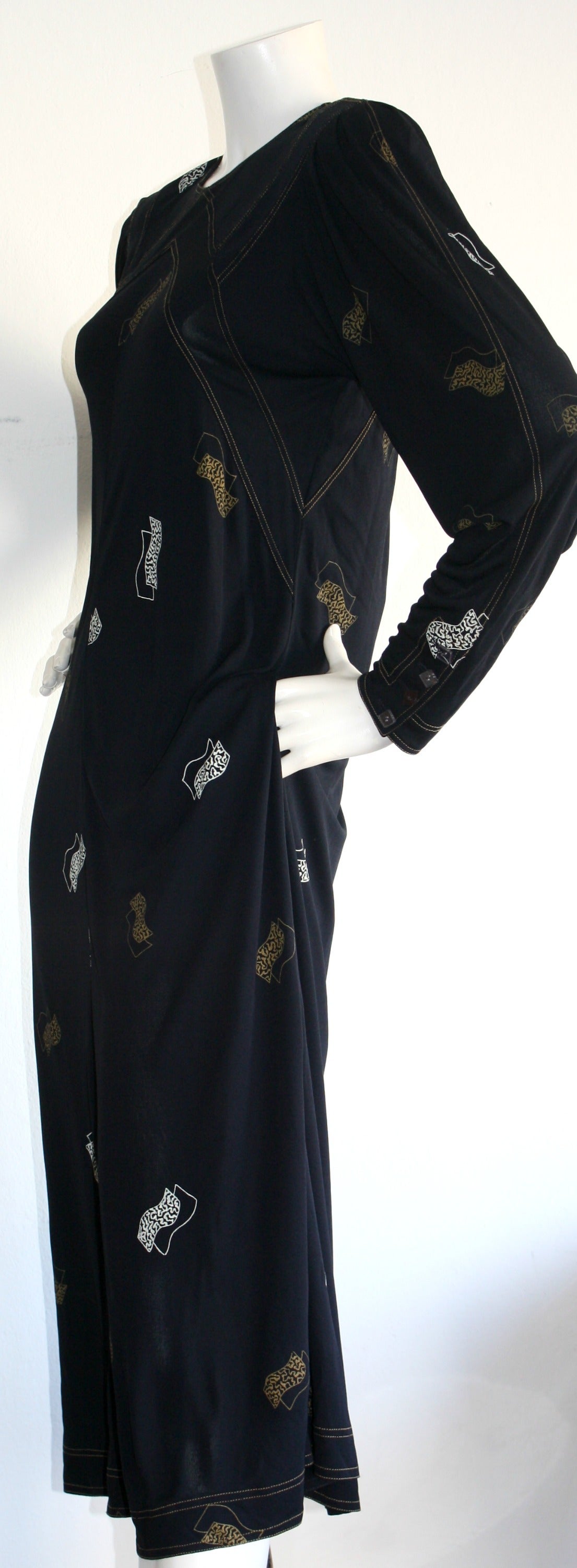Vintage Jean Muir Navy Art-Deco 1930s Style Fan Dress w/ Lucite Buttons 2