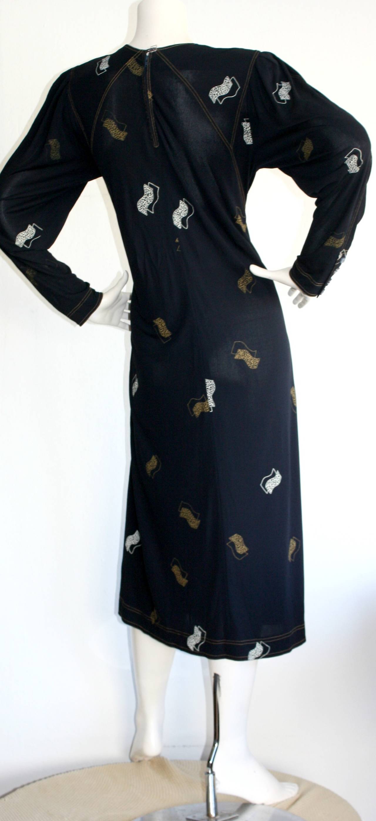 Women's Vintage Jean Muir Navy Art-Deco 1930s Style Fan Dress w/ Lucite Buttons