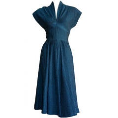 Ultimate Vintage 1940s Dress Blue Textured Silk W/ Dramatic Neck