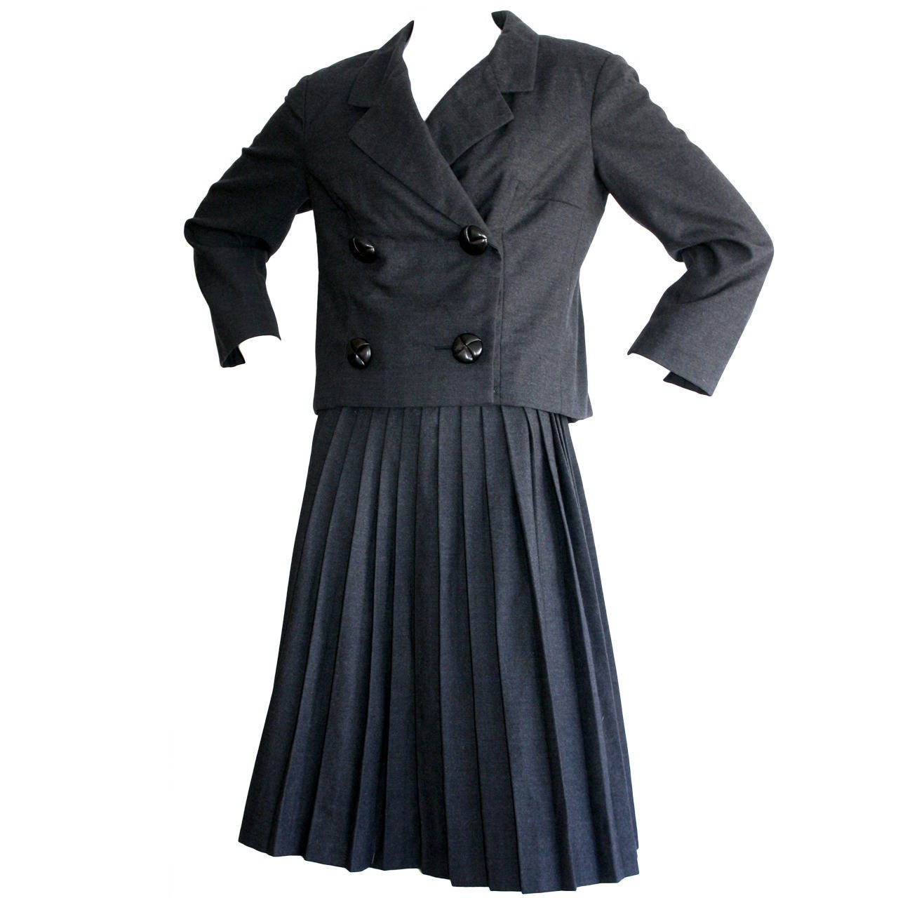 Iconic 1960s Vintage Christian Dior Skirt Suit Pill Box Charcoal Grey
